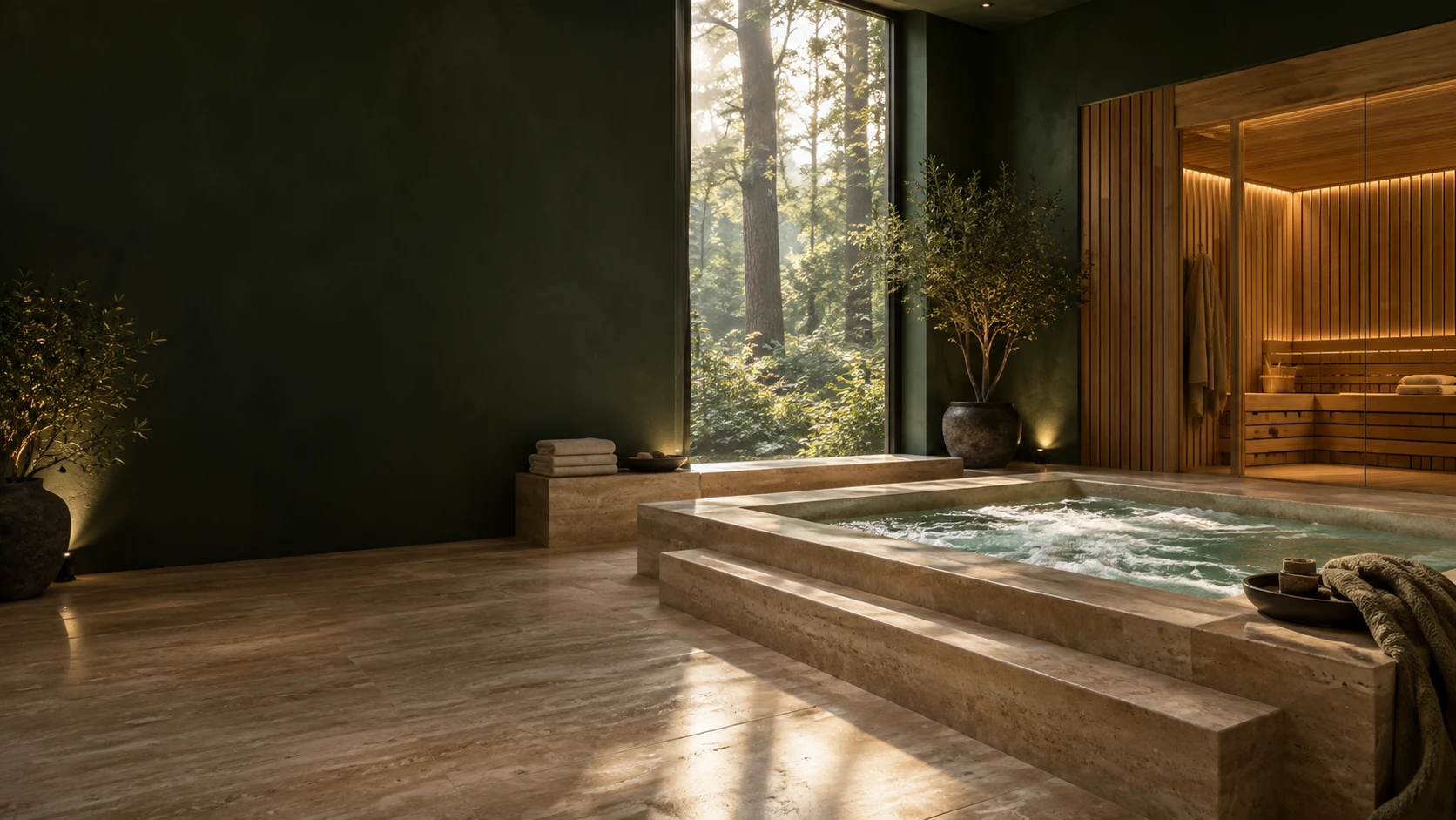 Konzeptvisualisierung einer privaten Spa-Suite mit Whirlpool, Sauna und Blick ins Grüne