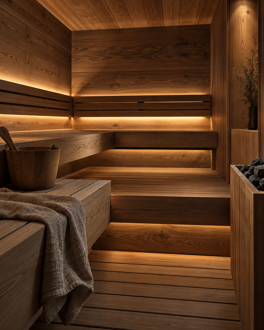 Konzept: private Sauna mit warmem Holz und ruhiger Beleuchtung